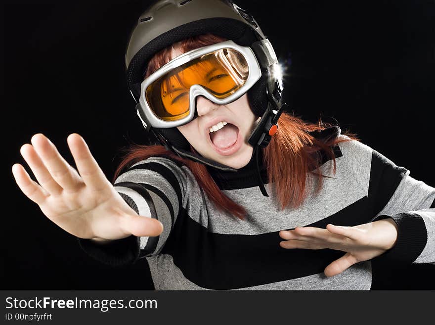 Girl wearing ski helmet and orange google and acting like she was snowboarding.

Studio shot. Girl wearing ski helmet and orange google and acting like she was snowboarding.

Studio shot.