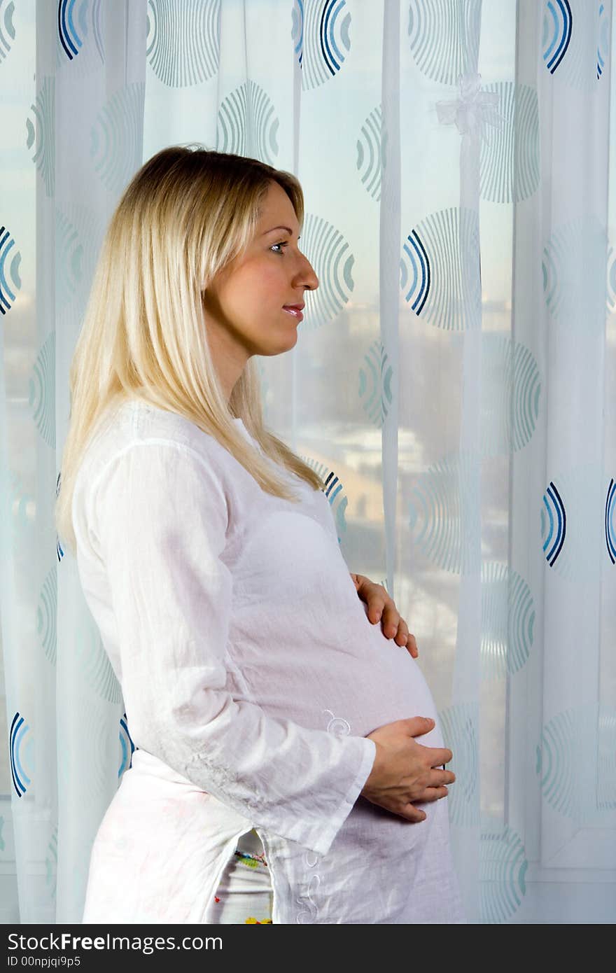 Caucasian pregnant woman near window at home.