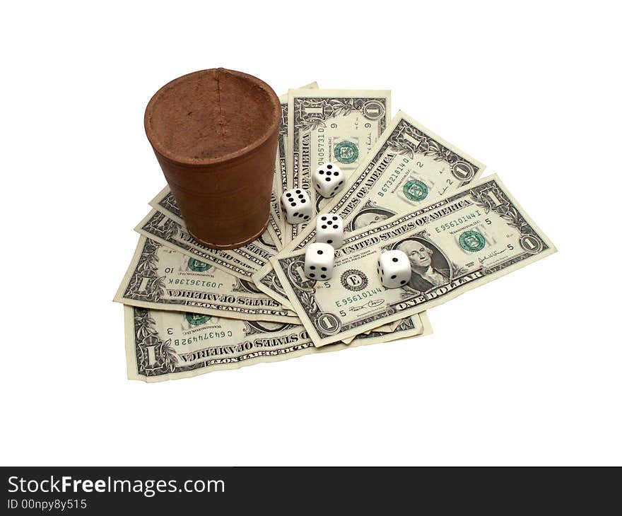 Leather dice-box, dice and one dollar bills on white background. Leather dice-box, dice and one dollar bills on white background