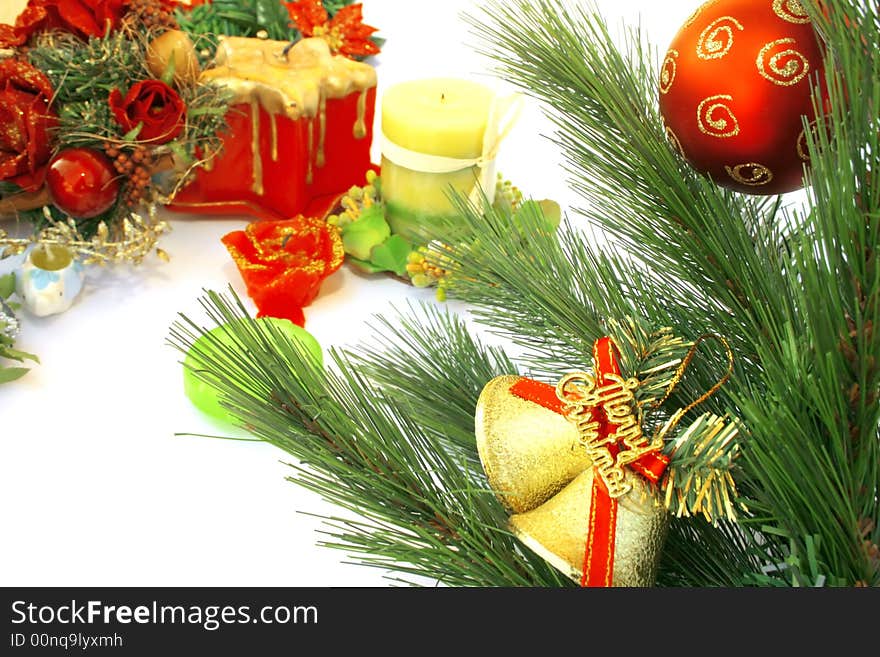 Christmas bells,fir-tree,candles,flowers,red ball.