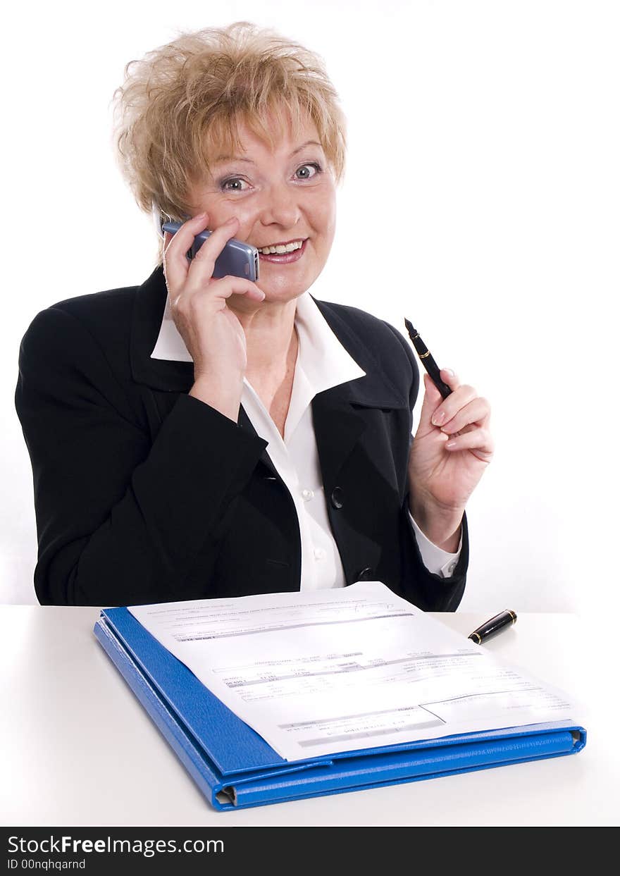 Businesswoman in the black suit with pen