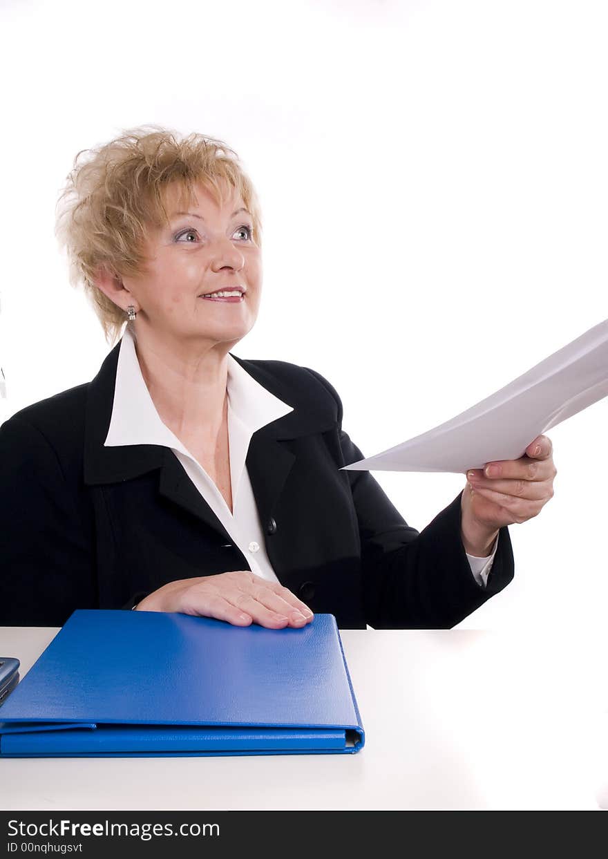 Smiling buisinesswoman giving documents secretary. Smiling buisinesswoman giving documents secretary