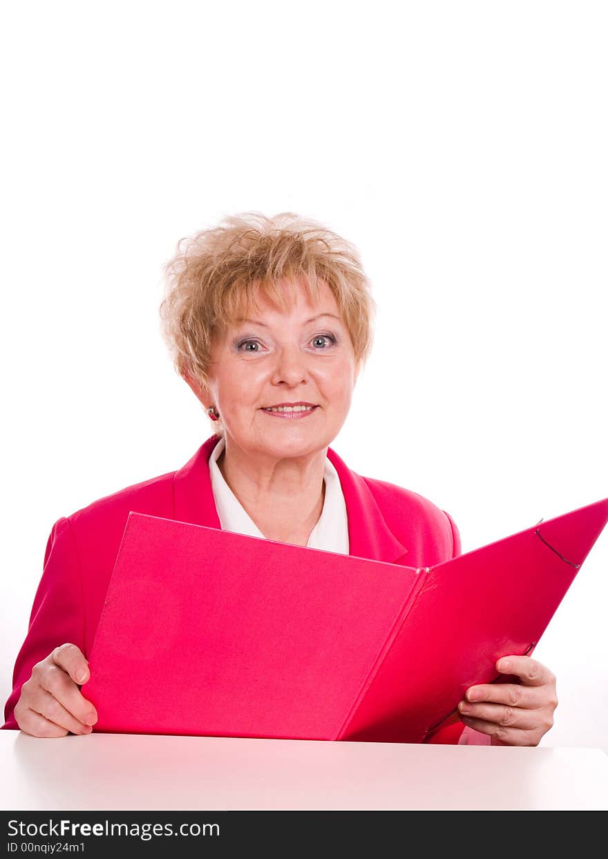 Buisinesswoman holding a pink folder. Buisinesswoman holding a pink folder