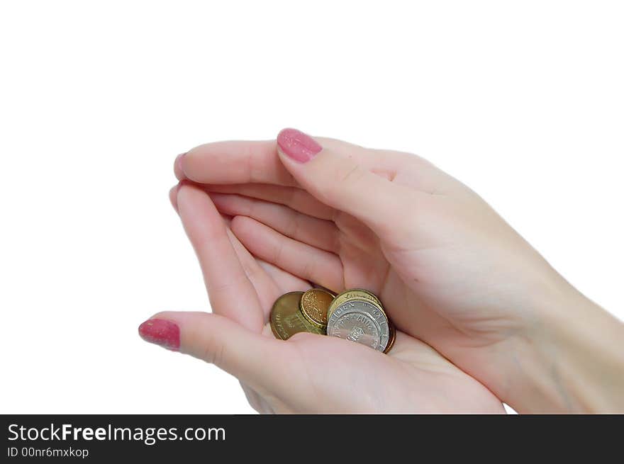 Female hands with some coins. Female hands with some coins