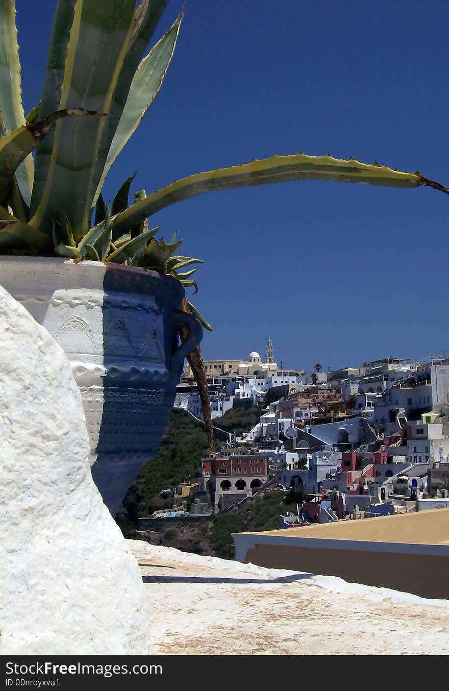 View of the cliffside village of Fira, Santorini.