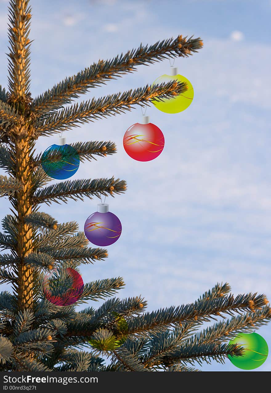 Collage from a photo of a natural green fur-tree on a background of a snow and the drawn toys in the form of spheres of different color