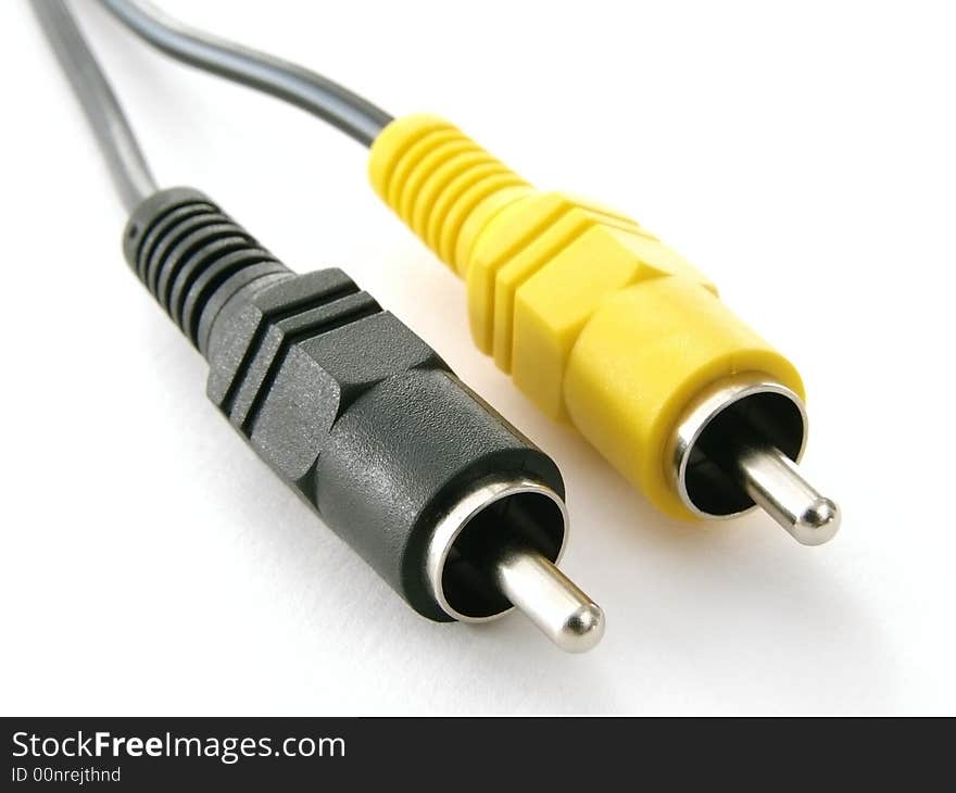 Audio video cable fragment with black and yellow plugs