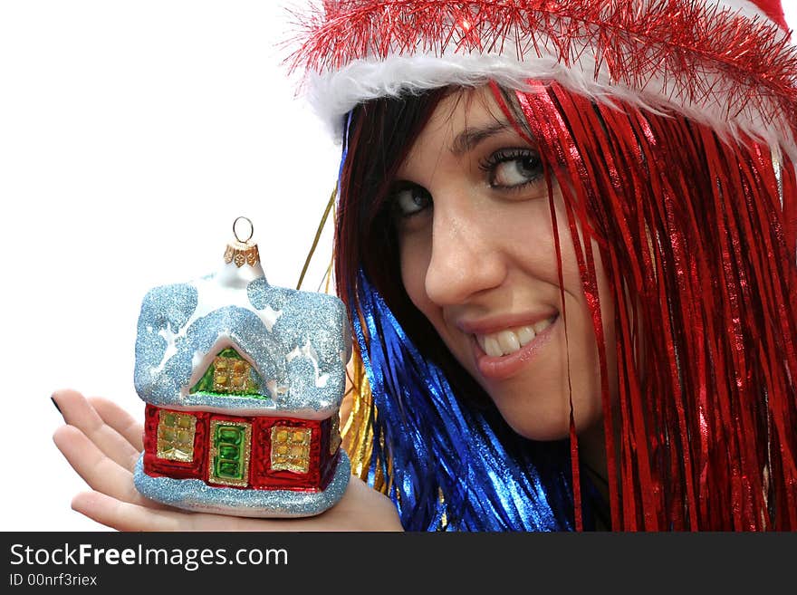 Christmas girl with new home, isolated on white