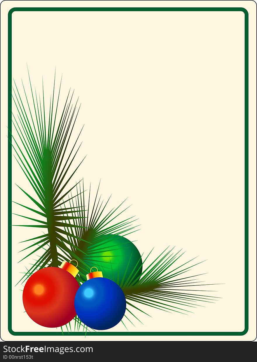 Stylized Christmas ornaments and pine bows decorate a page ready for copy. Stylized Christmas ornaments and pine bows decorate a page ready for copy.