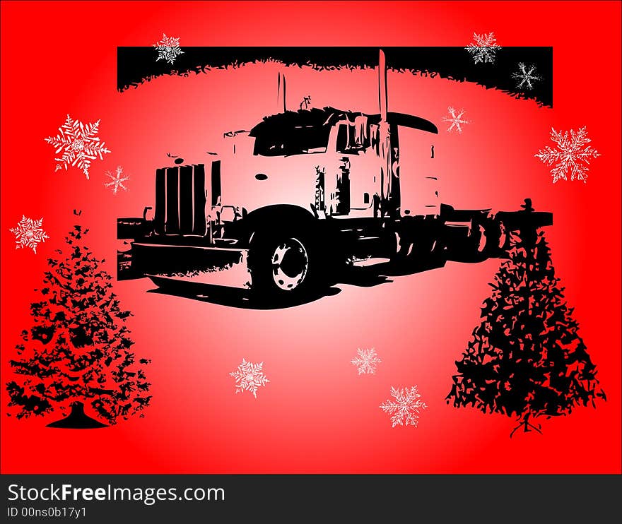 Abstract red background with truck, snowflakes and Christmas trees. Abstract red background with truck, snowflakes and Christmas trees