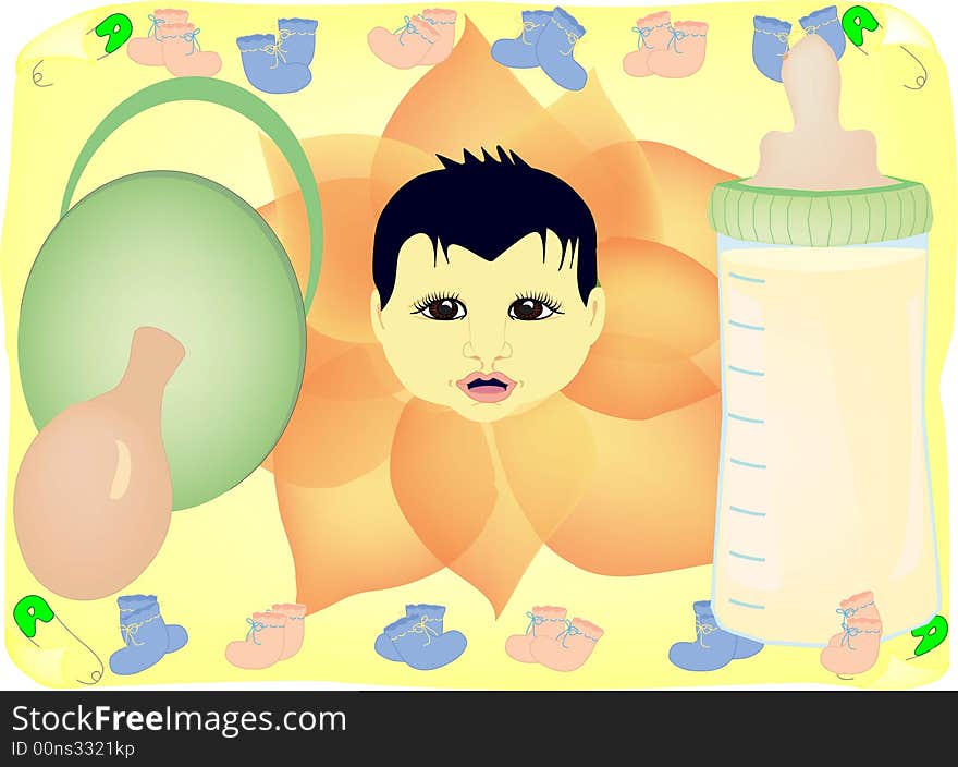 Scrolled backdrop of baby face in flower with bottle, dummy, pins and booties