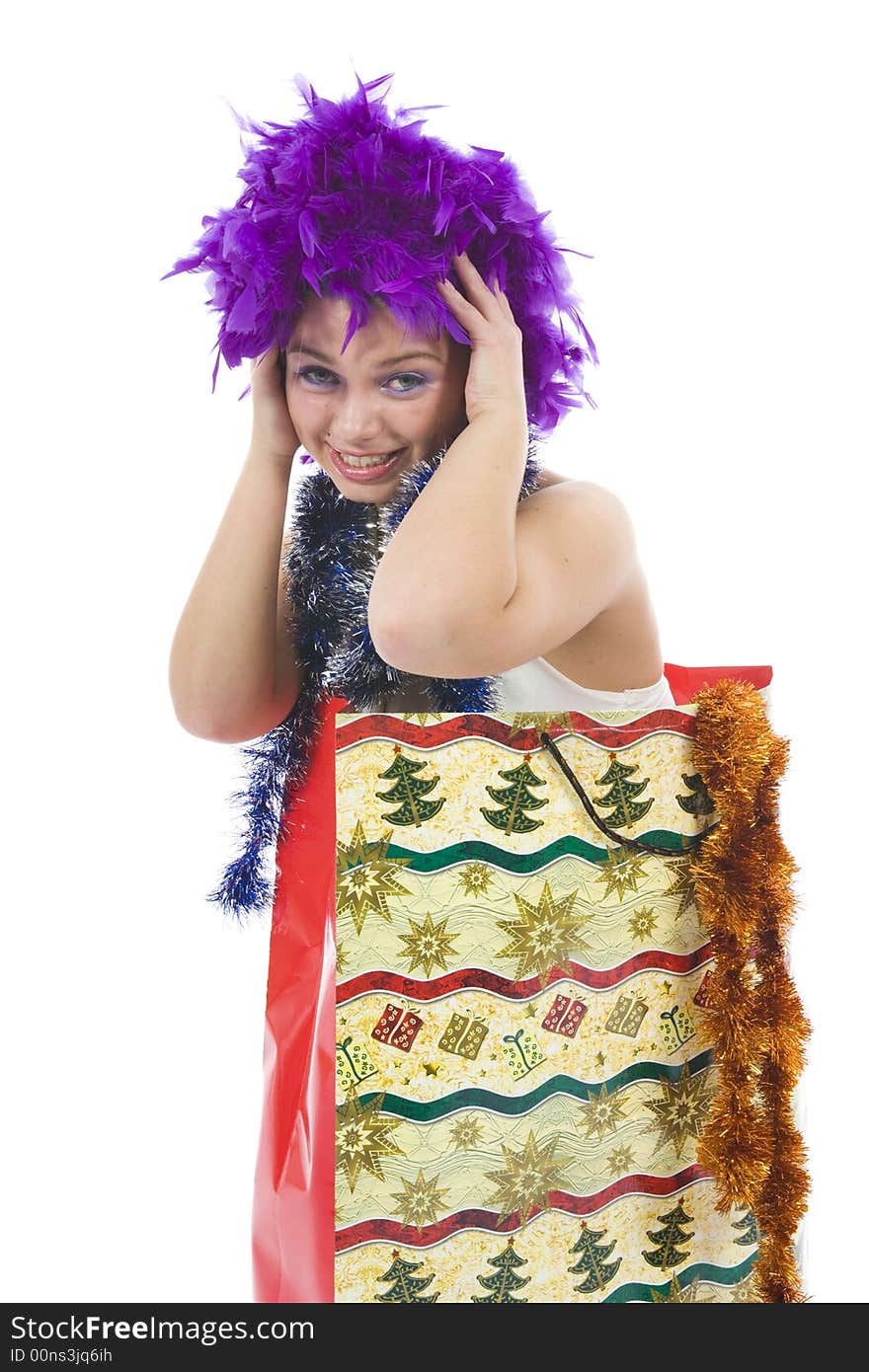 Beautiful woman with christmas decoration on isolated background