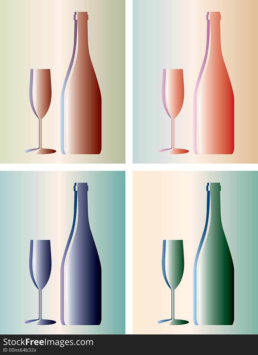 Vector bottle and glass in four variations. Vector bottle and glass in four variations