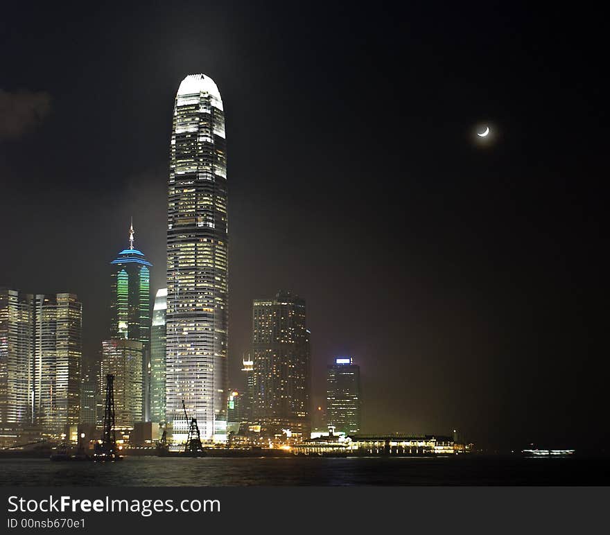 Hong Kong With Moon At Night