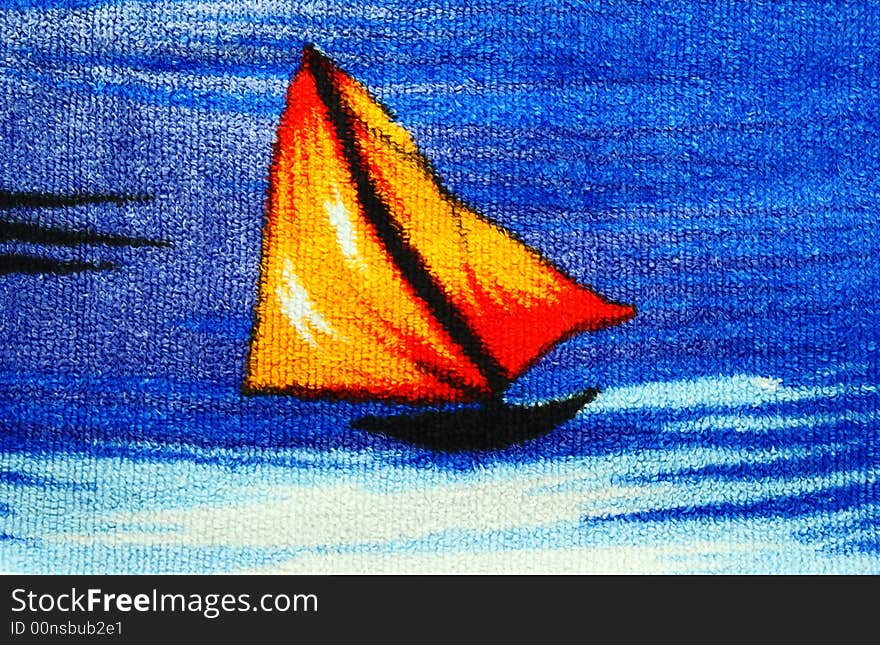 Little boat with a sail. Fragment of picture represented on the surface of fabric. Little boat with a sail. Fragment of picture represented on the surface of fabric.