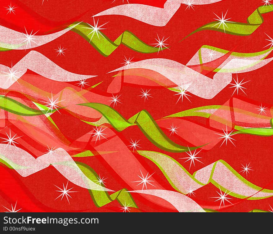 A background pattern featuring a variety of Christma ribbons casually arranged with stars and textured rustic red color. A background pattern featuring a variety of Christma ribbons casually arranged with stars and textured rustic red color