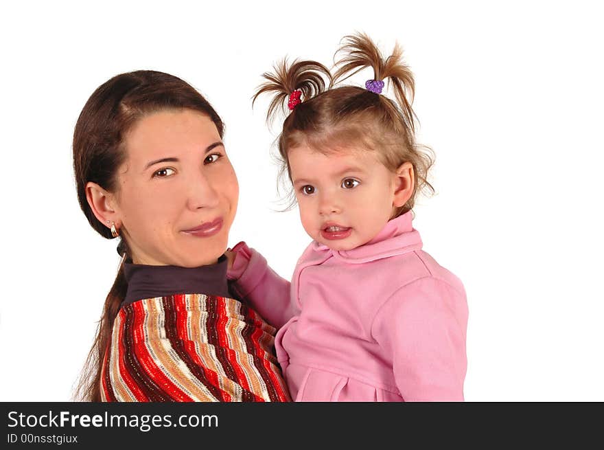 Daughter and mother on white background