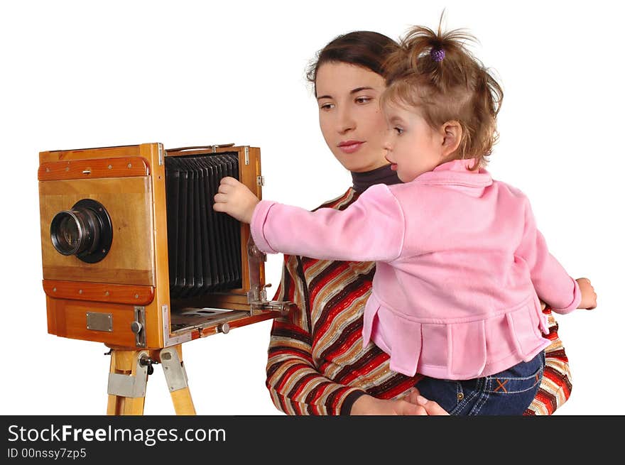 Daughter and mother with vintage camera