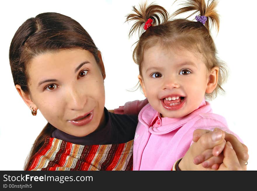 Daughter and mother on white background