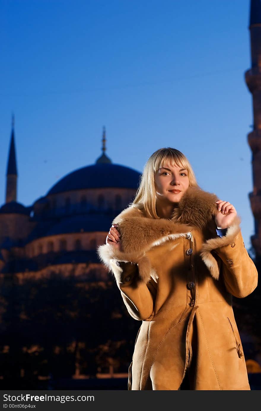 Beautiful blond girl in lambskin coat (Turkey, Istanbul)