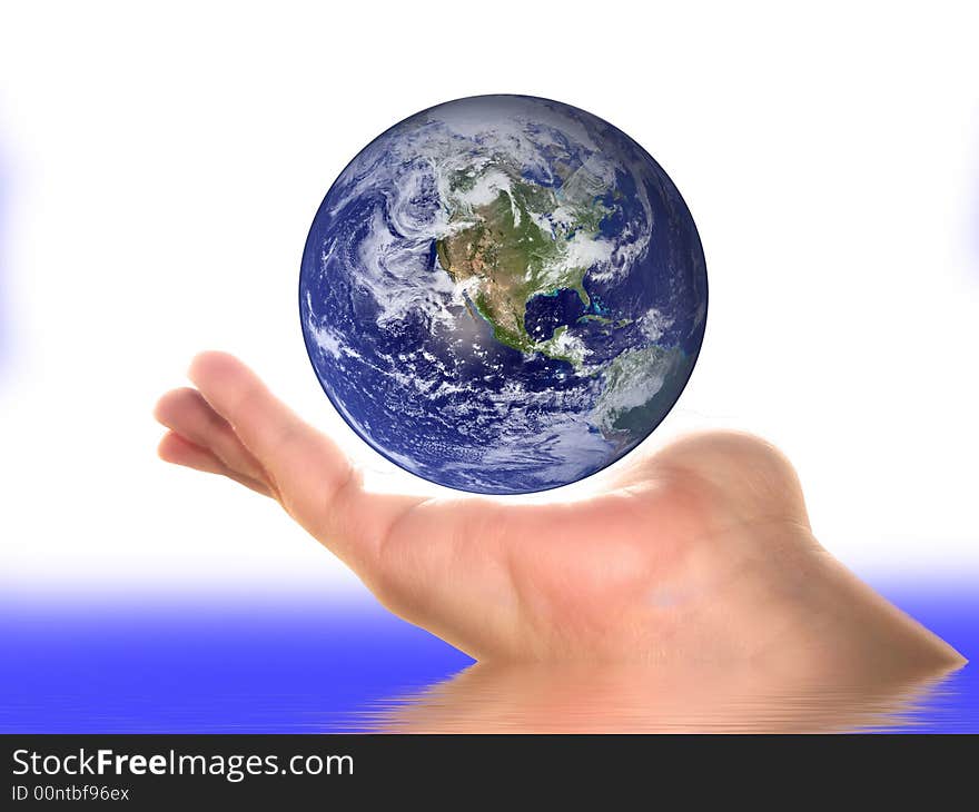 Earth on an open woman's palm, over white, reflecting in the water. Earth on an open woman's palm, over white, reflecting in the water