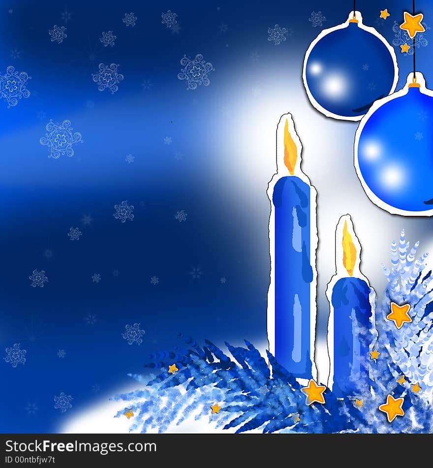 Hand drown illustration of blue candles and baubles on blue background. Hand drown illustration of blue candles and baubles on blue background