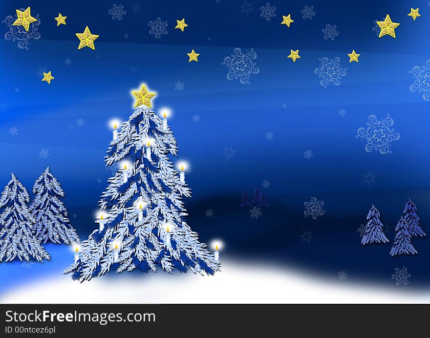 Christmas tree with candles on blue background