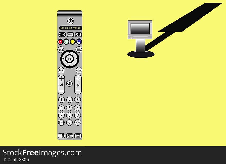 Remote control and a television set on a yellow background