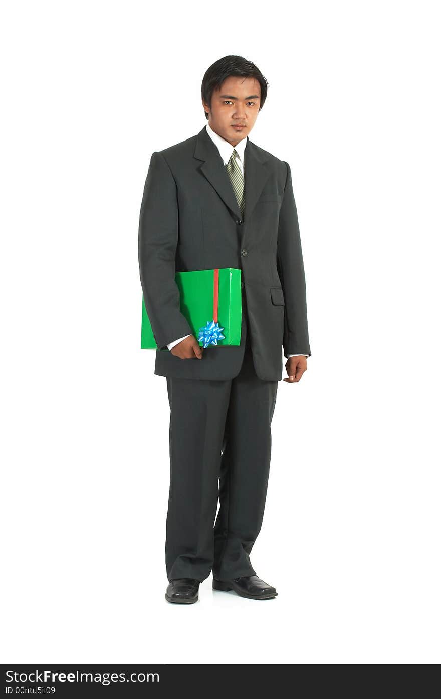 A man carrying a gift box over a white background