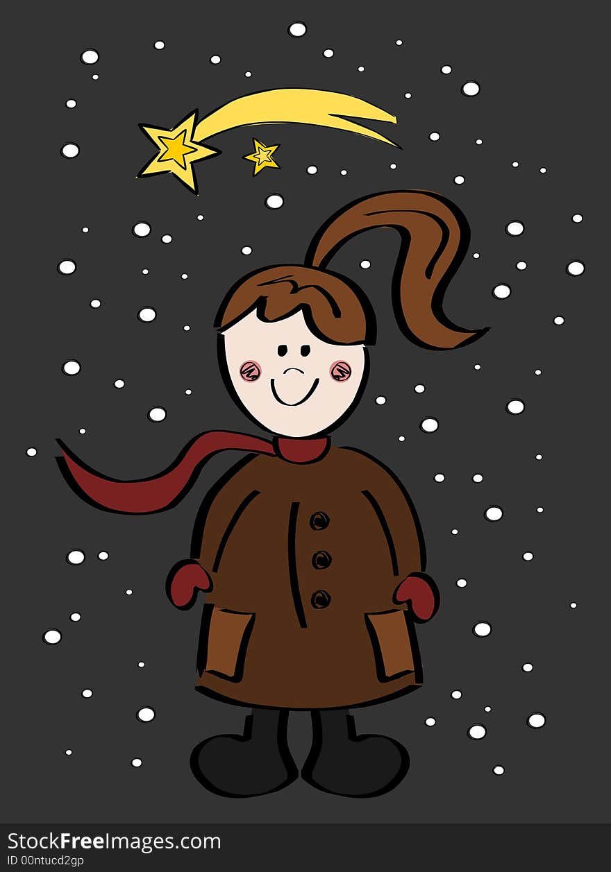 Simple hand-drawn illustration of a little girl, shooting star, snowflakes. Simple hand-drawn illustration of a little girl, shooting star, snowflakes