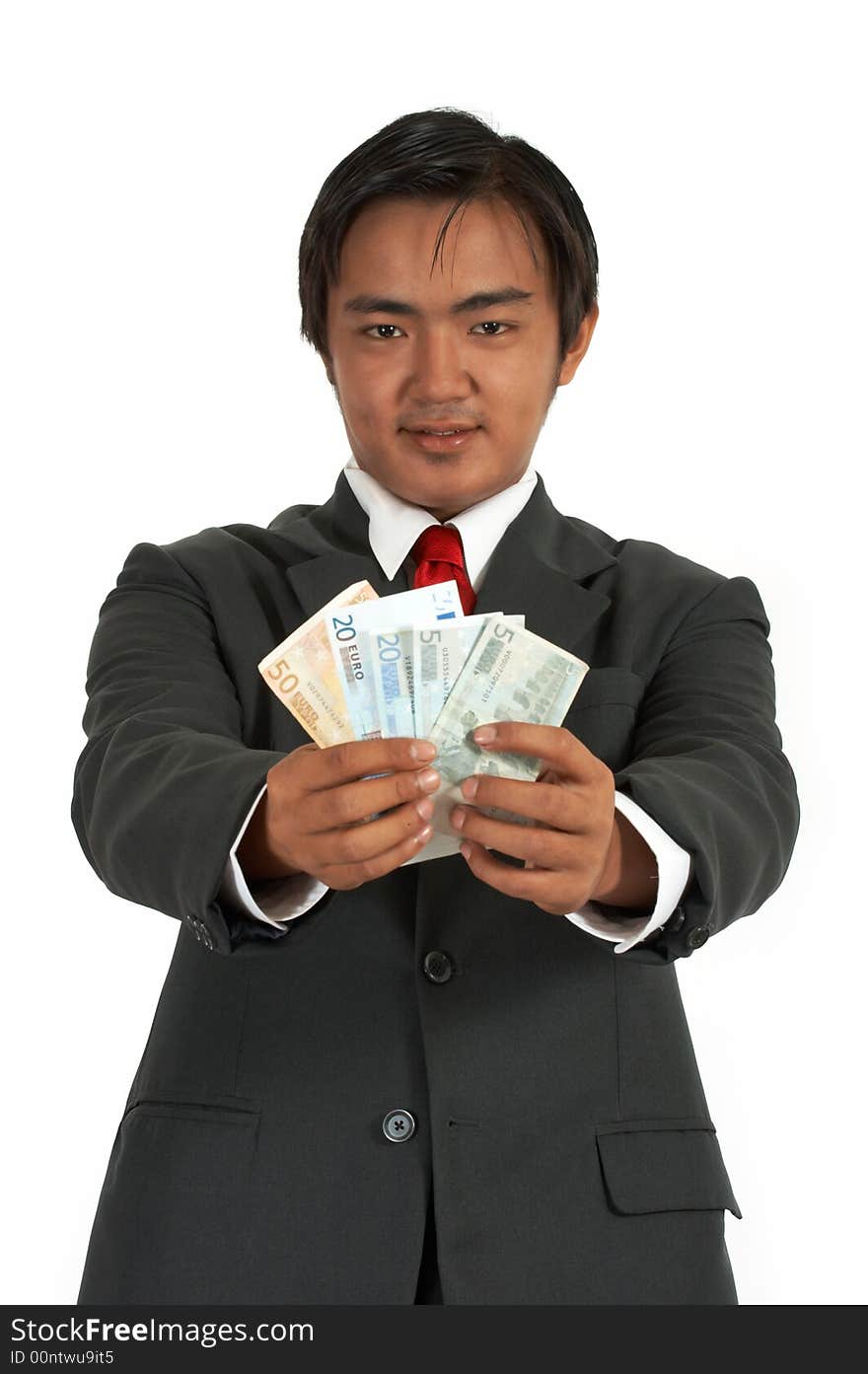 A man holding his money over a white background. A man holding his money over a white background