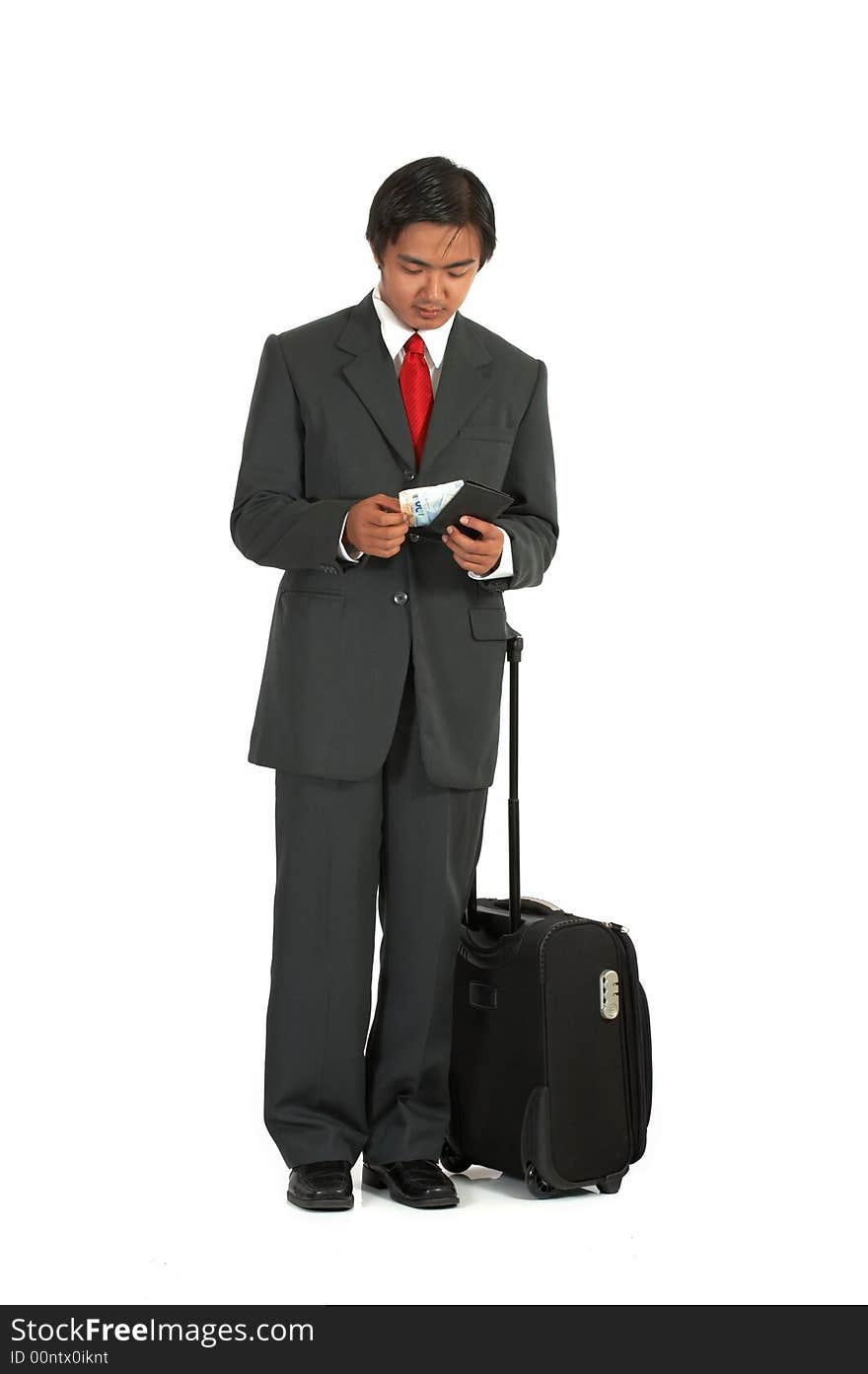 A man with his luggage over a white background. A man with his luggage over a white background