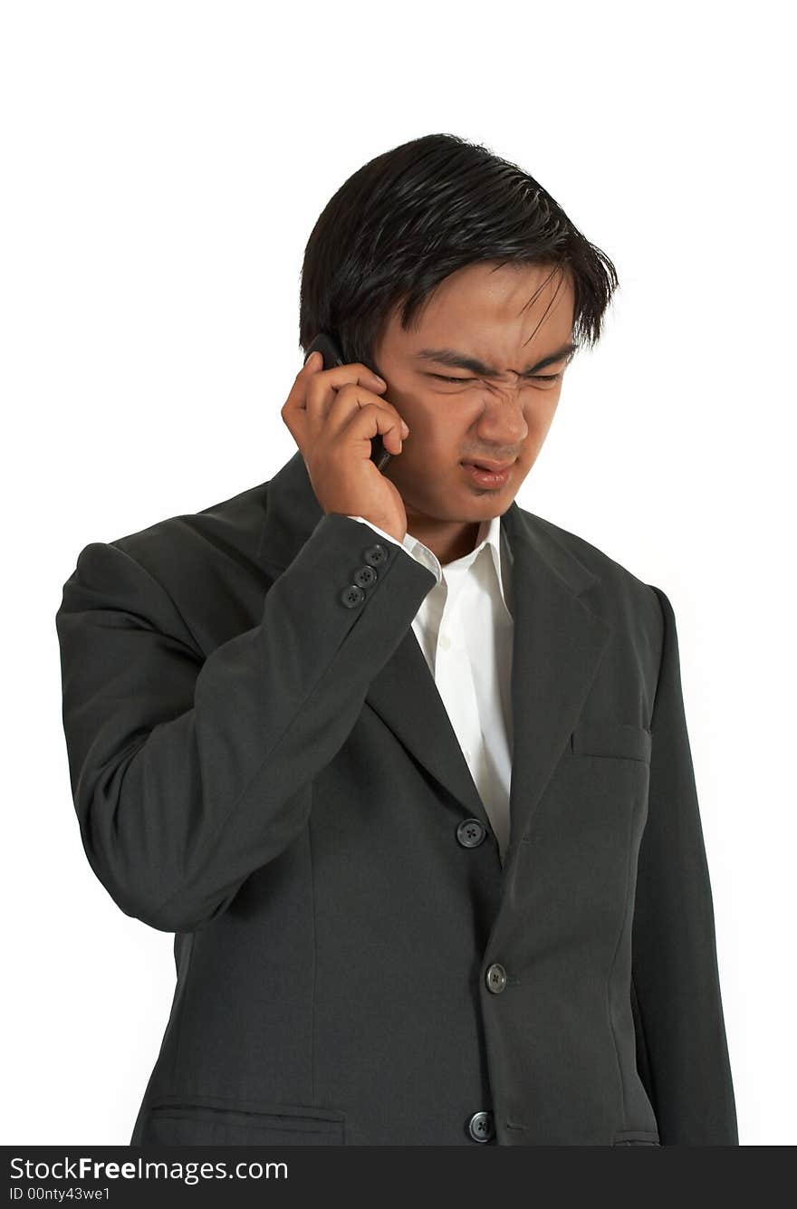 Man talking on a phone over a white background. Man talking on a phone over a white background