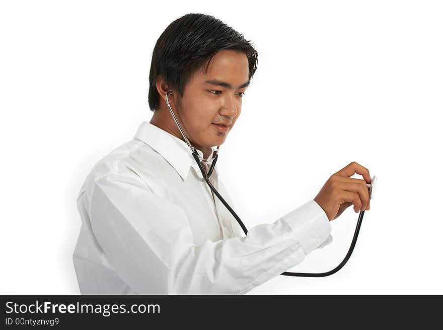 A doctor holding a stethoscope over a white background. A doctor holding a stethoscope over a white background