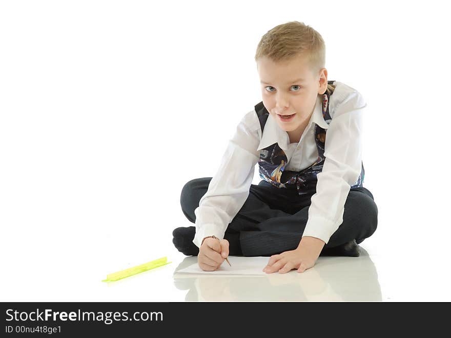 The schoolboy drawing on a white background. The schoolboy drawing on a white background