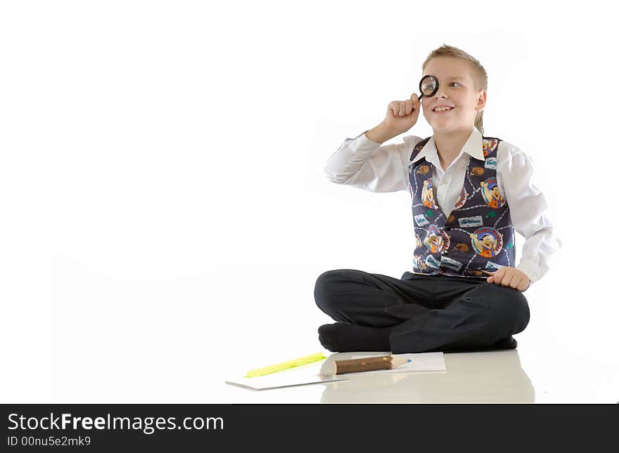 The schoolboy drawing on a white background. The schoolboy drawing on a white background