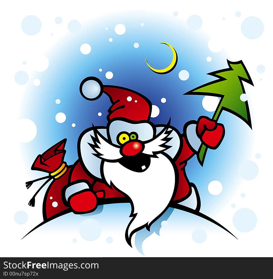 Cartoon illustration of a onetooth smiling santa with fir. Cartoon illustration of a onetooth smiling santa with fir