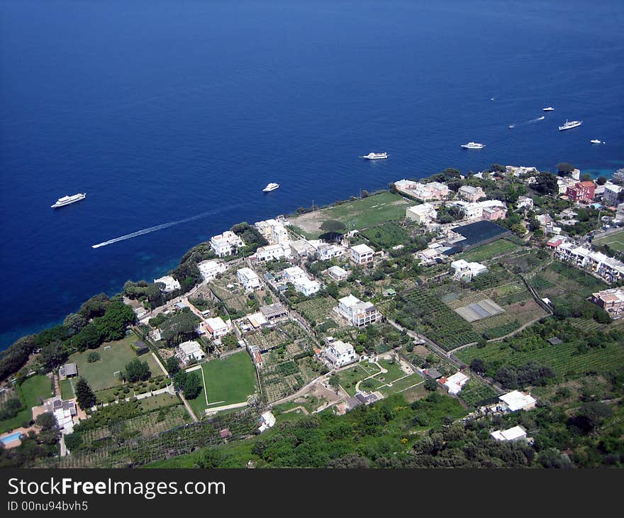 View of Italian Estates and Yachts on Coast of Capri. View of Italian Estates and Yachts on Coast of Capri