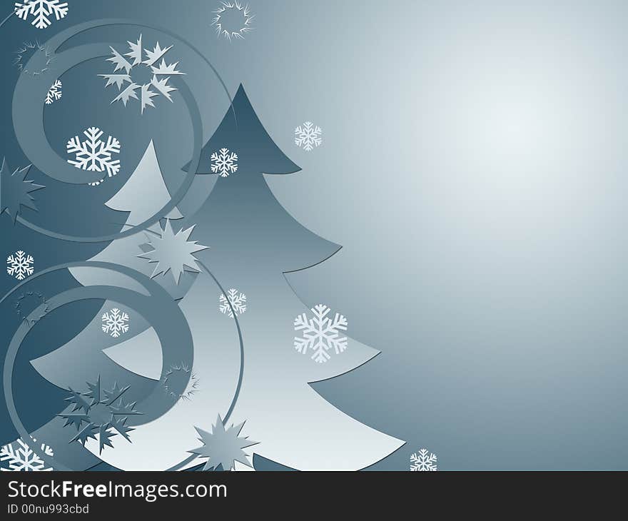 Background with fur-trees. Grey color and a snowflake.