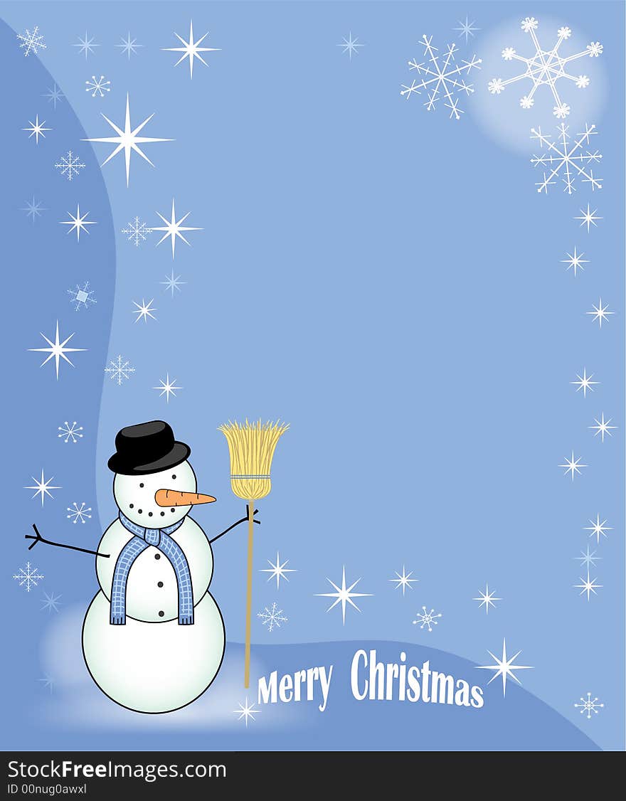 Snowman holding a broom over a blue background with snowflakes. Snowman holding a broom over a blue background with snowflakes.