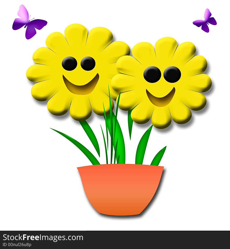 Happy smiling 3d yellow flowers in a pot. Happy smiling 3d yellow flowers in a pot