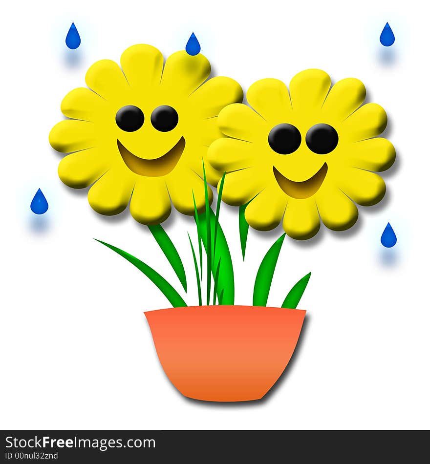 Happy smiling 3d yellow flowers in a pot. Happy smiling 3d yellow flowers in a pot