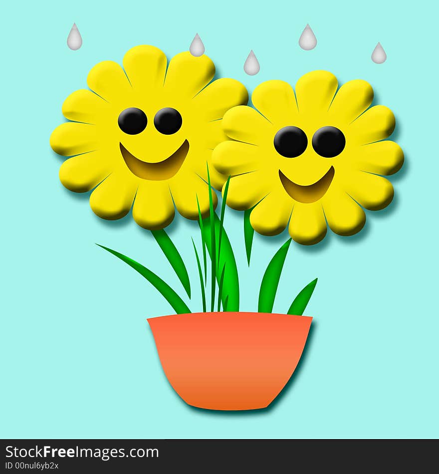 Happy smiling 3d yellow flowers in a pot. Happy smiling 3d yellow flowers in a pot