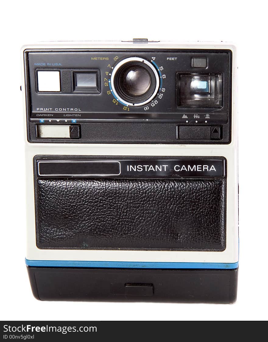 Full-front view of a retro instant camera.