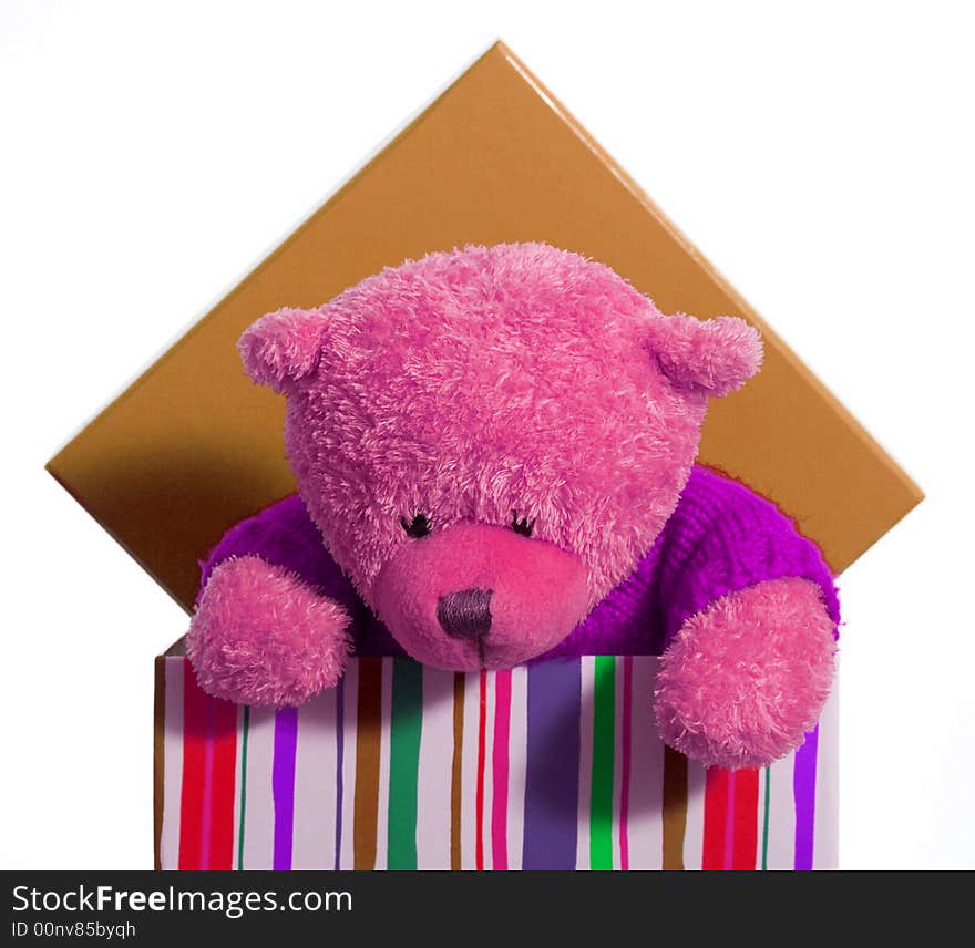 A pink teddy bear inside the red box over. A pink teddy bear inside the red box over