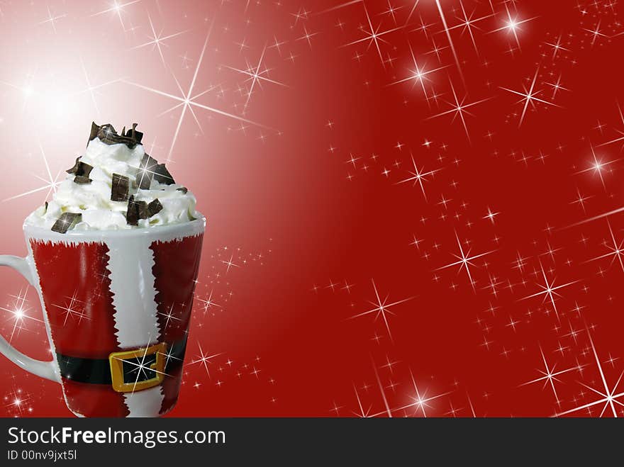 Christmas mug filled with a warm beverage and whipped cream. Christmas mug filled with a warm beverage and whipped cream.