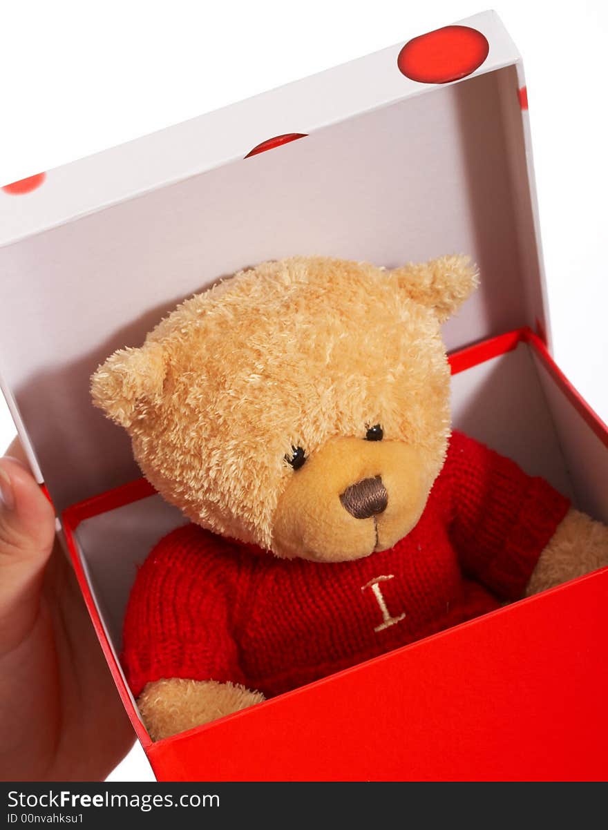 A teddy bear inside a gift box