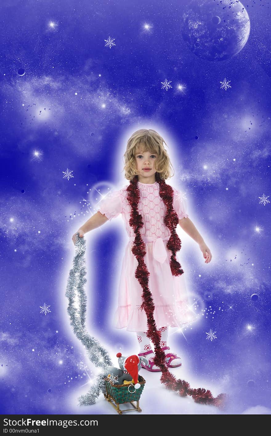 Beautiful little girl with christmas decoration on isolated background