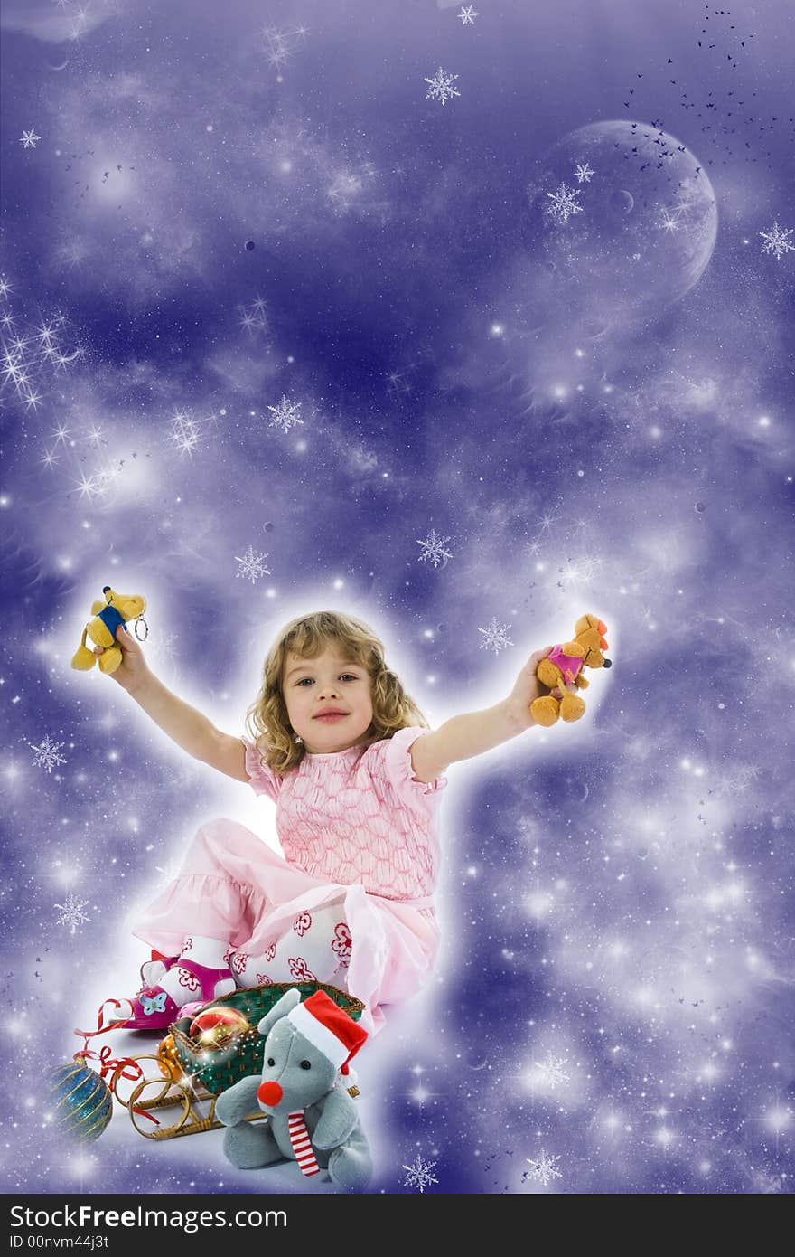 Beautiful little girl with christmas decoration on isolated background