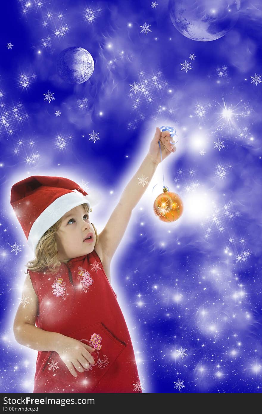 Beautiful little girl with christmas decoration on isolated background